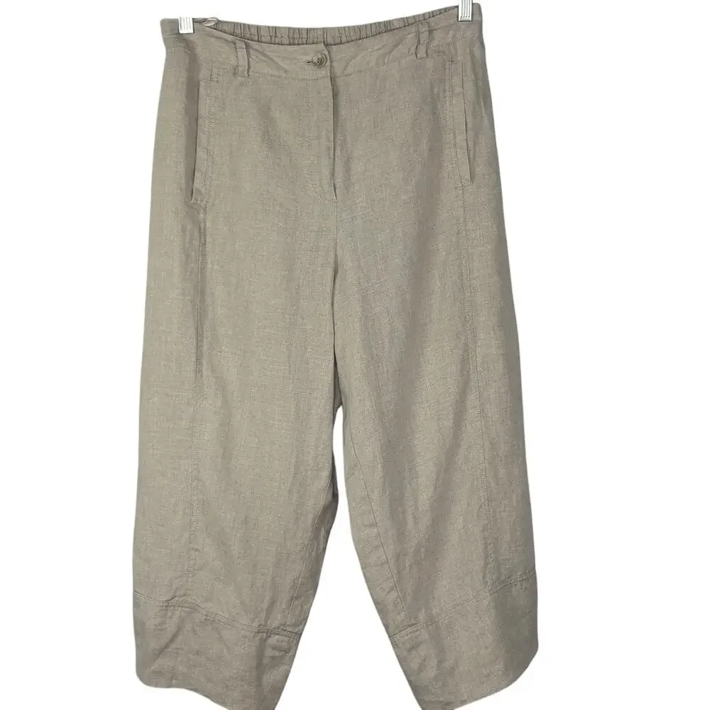 MASAI Pant Womens 100% Linen Wide Lantern Leg Crop Neutral Beige Size M